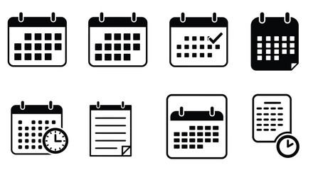 Collection of black and white calendar and schedule icons isolated on white
