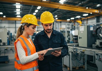 Two construction workers wearing hard hats and safety vests collaborate on a tablet device within a factory setting discussing project plans