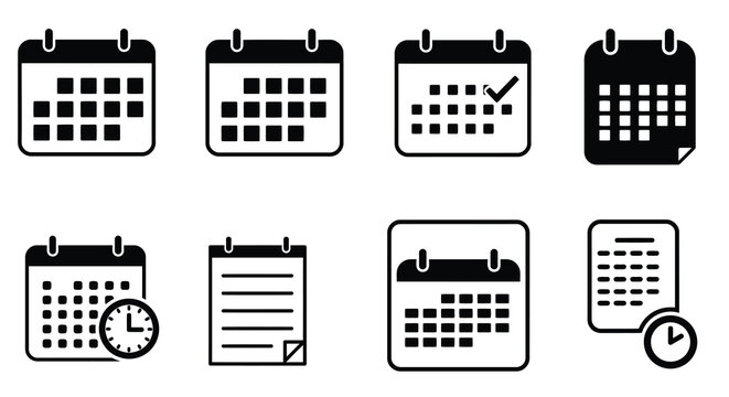 Collection of black and white calendar and schedule icons isolated on white