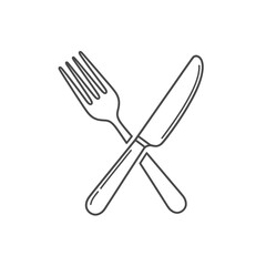 Simple line art illustration of a crossed fork and knife design