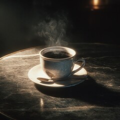 Steaming cup of hot black coffee on a dark marble table under a warm spotlight.