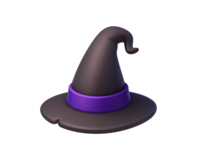 Black witch hat with purple ribbon isolated on transparent background