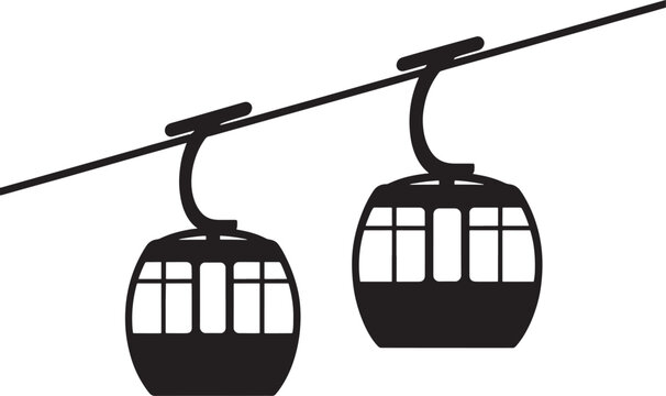 Black silhouette of two cable cars on a ski lift cable gondola transportation