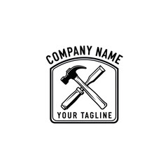 Black and White Style Logo featuring Crossed Hammer and Chisel in a Shield Frame with Placeholder Text for Company Name and Tagline, Ideal for Construction or Handyman Businesses, Flat Vector