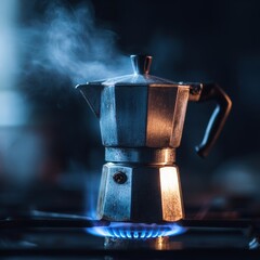 Steaming Moka Pot on Blue Gas Flame in Dark Kitchen