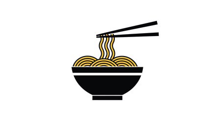 Simple illustration of asian noodles in a black bowl with chopsticks