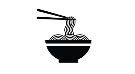 Simple black and white illustration of ramen noodles in a bowl with chopsticks