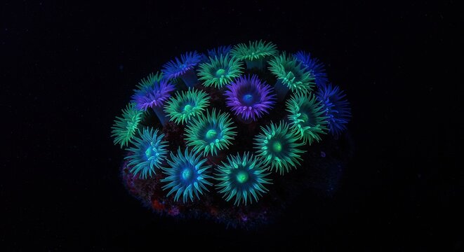 Glowing coral polyps in shades of blue green and purple