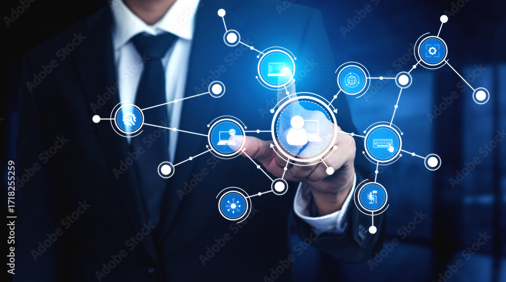 Poster a professional businessman engages with an array of digital network icons, illustrating technology a