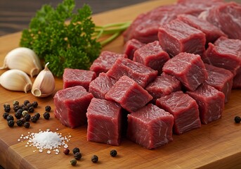 Raw beef meat chopped in cubes with bunch of fresh parsley, garlic, salt and pepper on wooden cutting board