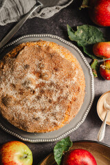 Homemade apple cake with cinnamon dark background, lifestyle moody food photo