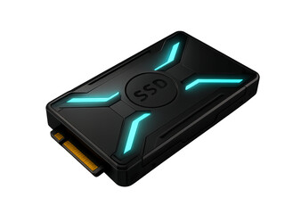 A black ssd external hard drive with glowing blue accents, isolated on transparent background