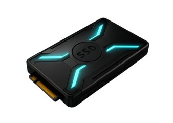 A black ssd external hard drive with glowing blue accents, isolated on transparent background