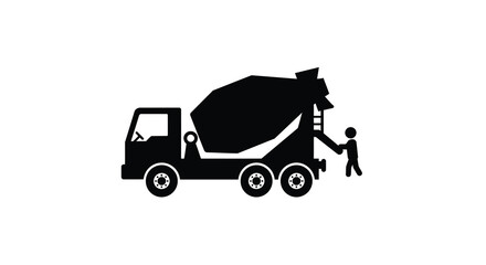 Simple black and white illustration of a concrete mixer truck with worker