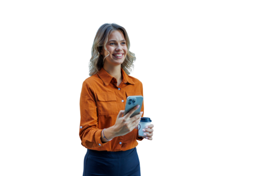 Woman smiling, holding smartphone and coffee cup, communicating, networking, staying connected, transparent background