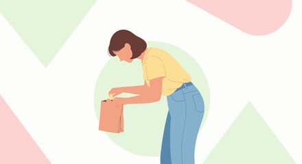 Woman Examining Contents Of A Takeaway Bag In A Minimalist And Modern Style