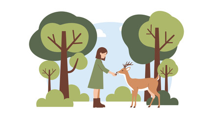 Woman Feeding Deer In A Forest, Peaceful Scene Depicting Flora And Fauna Connection