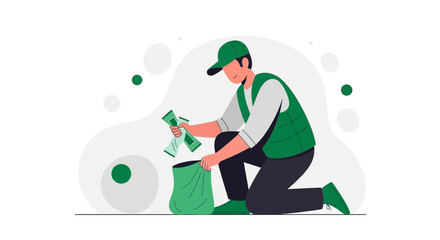 Volunteer Collects Items Representing A Gesture Of Cleanliness And Environmental Support