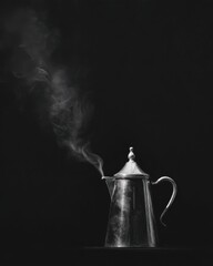 Steaming Silver Coffee Pot with Ornate Lid on Dark Background
