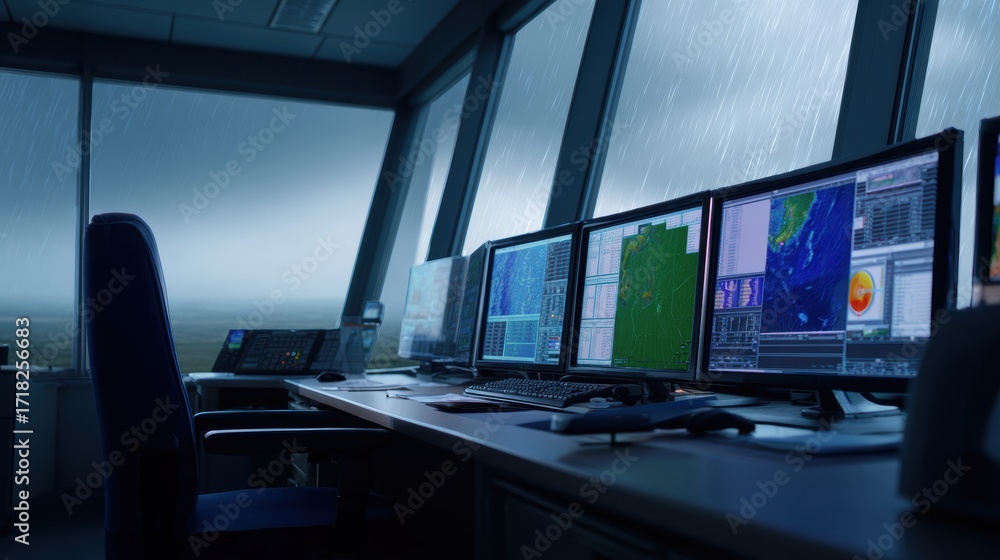 Poster control room during a storm with monitors displaying weather data and radar in the background