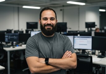 Smiling bearded man with crossed arms stands confidently in a modern office environment surrounded by computer monitors