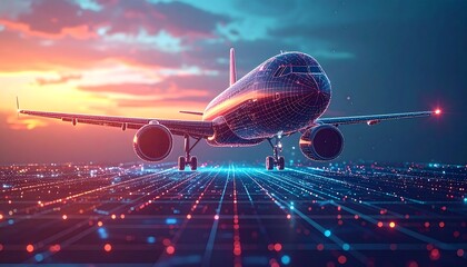 Futuristic airplane landing on a digital runway at sunset
