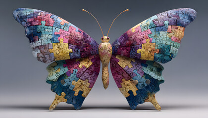 Autism awareness day banner. Butterfly created from multicolored jigsaw puzzle pieces, diversity, support for autistic individuals. Symbolic illustration perfect for events, educational materials,