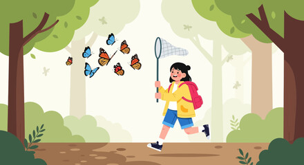 Whimsical Pursuit Of Fluttering Monarchs Adorning A Young Explorer's Forest Adventure