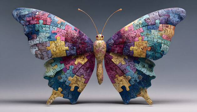 Autism awareness day banner. Butterfly created from multicolored jigsaw puzzle pieces, diversity, support for autistic individuals. Symbolic illustration perfect for events, educational materials,