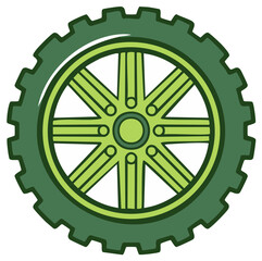 Green stylized wheel with spokes and gear teeth on a white background