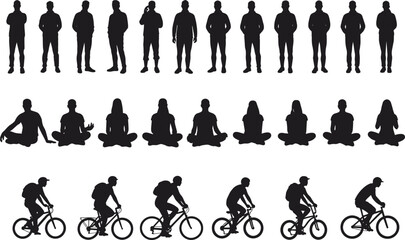 Human silhouette set, standing poses, meditation icons, cycling figures, black vector characters, body language, posture reference, white background