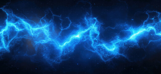 Electric blue lightning bolts in cosmic space background with stars and energy patterns, high quality image
