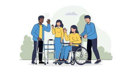 Group of people waving with a woman in a wheelchair and a walker present in a friendly scene
