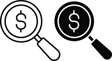 Magnifying Glass with Dollar Sign Icons – Finance, Money Search, and Investment Symbol and vector silhouette.