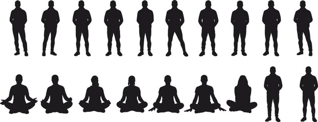 Standing and sitting silhouettes, meditation pose icons, black human figures, body language set, posture reference, vector art, white background