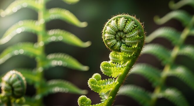 Unfurling Fern Frond in Lush Green Forest.