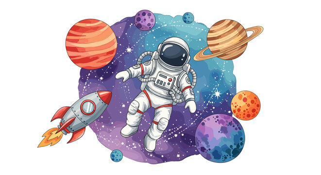 Cartoon astronaut floating among planets and a rocket ship in a watercolor galaxy illustration