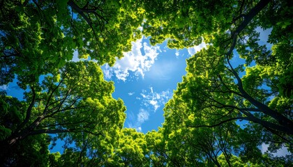 Lush green trees framing a vibrant blue sky