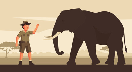 Wildlife Officer Directs African Elephant in Savannah Landscape for Conservation Purpose