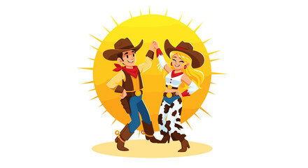 Fototapeta premium Cartoon cowboys and cowgirl giving high five with a yellow sun behind them on a white setting
