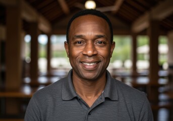 A smiling african american man wearing a gray polo shirt poses for a portrait in a warmly lit restaurant setting
