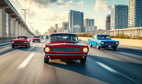 Classic cars cruising on highway with city skyline in background during sunset, image with copy space