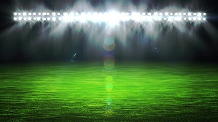 Empty Football Stadium Field Illuminated by Bright Glowing Floodlights with Hazy Light Beams.
