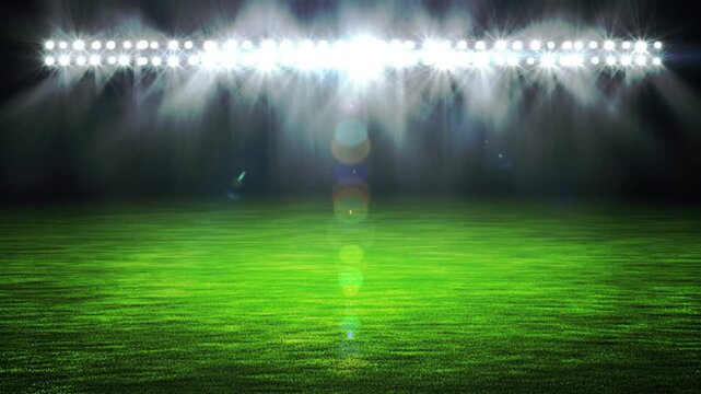 Empty Football Stadium Field Illuminated by Bright Glowing Floodlights with Hazy Light Beams.