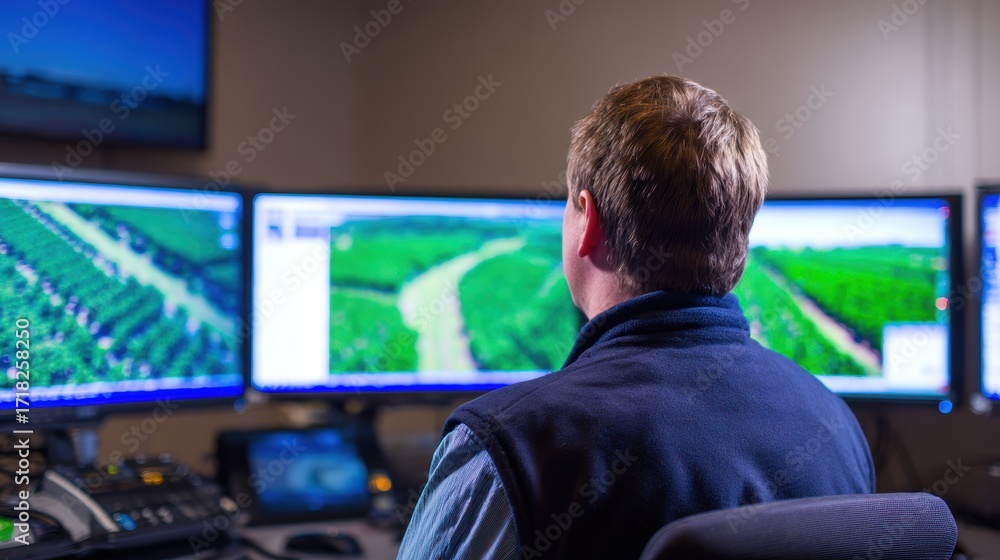 Aufkleber man monitoring aerial views of lush green fields on multiple screens in a modern control room