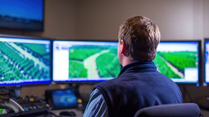 Man monitoring aerial views of lush green fields on multiple screens in a modern control room