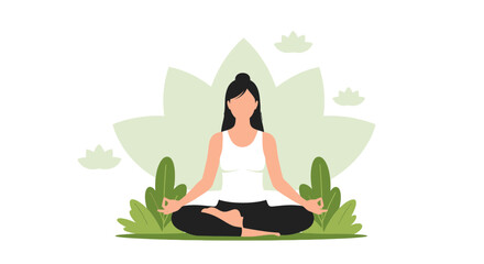 Woman Meditating In Lotus Position, Peaceful Mind, Harmony And Wellbeing Concept