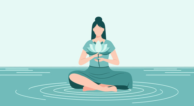 Woman Meditating While Holding Lotus Flower Surrounded By Soothing Water In Calm State