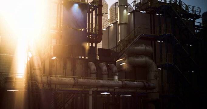 Sunlight streams through pipes in a large industrial facility, creating an intriguing play of light and shadow, while highlighting structural elements in the evening.