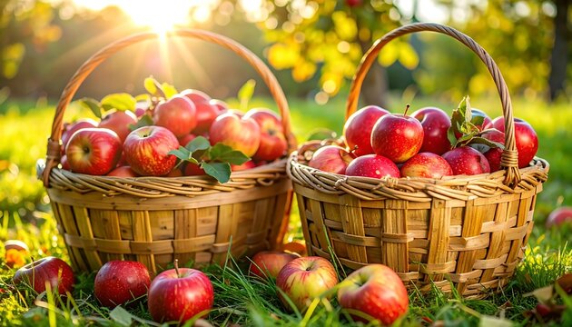 Two overflowing baskets of red apples in a grassy orchard at sunset